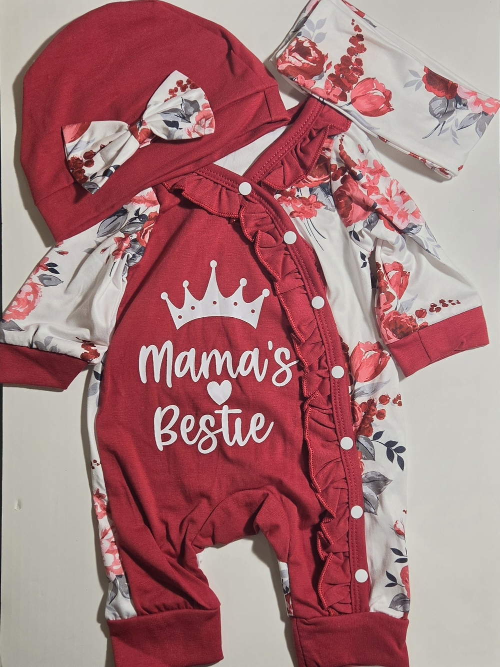 Baby Girl Mama's Bestie Floral Romper Set Burgundy Red Hat Headband NWOT